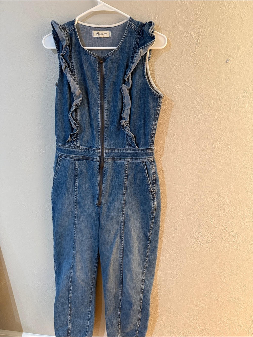 Madewell Blue Denim Ruffle-Trim Jumpsuit